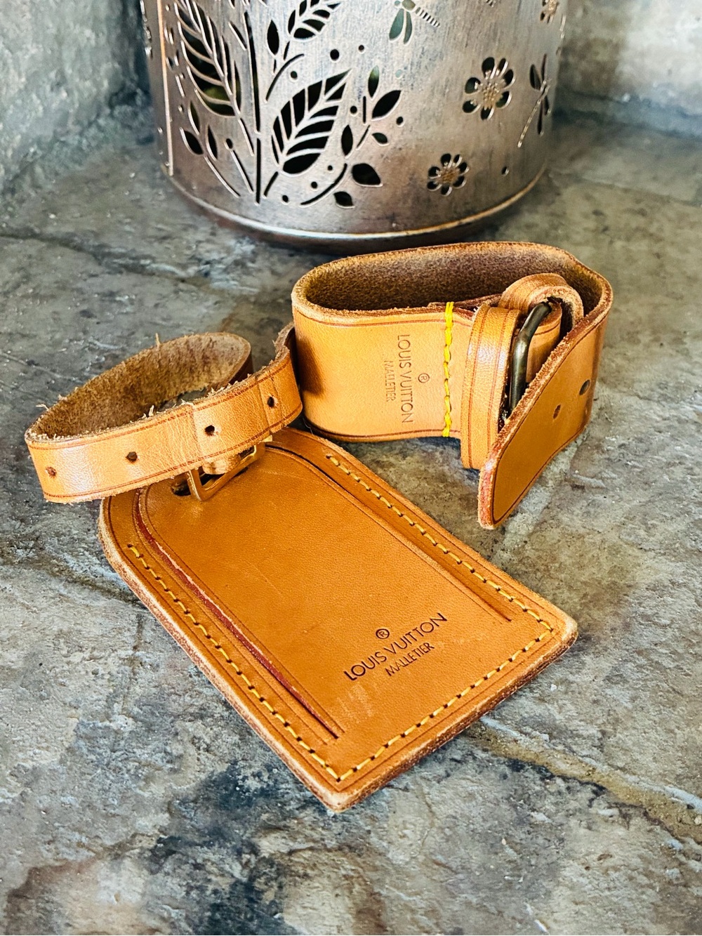 Vintage Louis Vuitton Vachetta Leather Luggage Tag & Poignet Handle Keeper Set - Picture 10 of 17